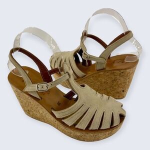 KJ K. Jacques St. Tropez Tan Suede Strappy Buckle 4" Cork Wedge Sandal 39 7.5 8